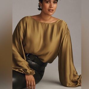 NWOT Anthropologie Balloon-Sleeve Silky Blouse in Olive